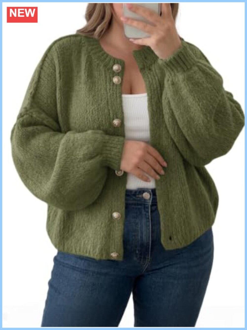 Plus Size Button Up Lantern Sleeve Chunky Knit Cardigan Sweater
